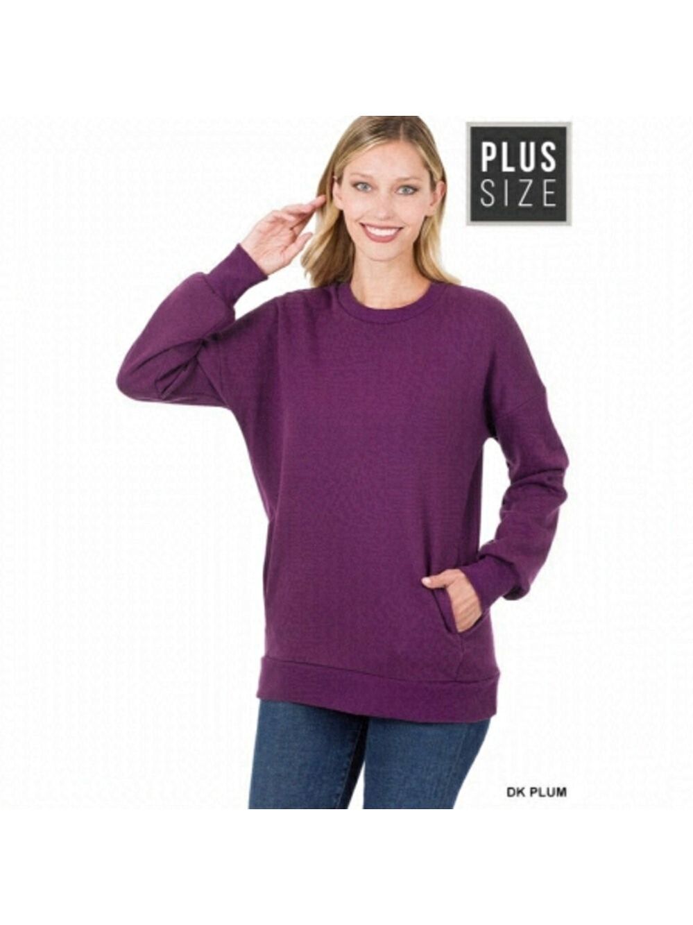 ZENANA Round Neck Purple Long Sleeve Sweatshirt with Side Pockets Size 3X